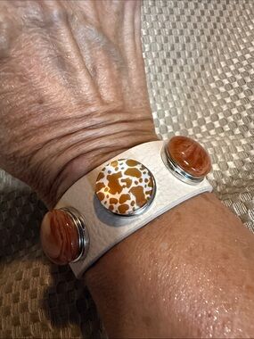 Snap White Leather Bracelet with Brown Accent Stones and Cow Print Snaps